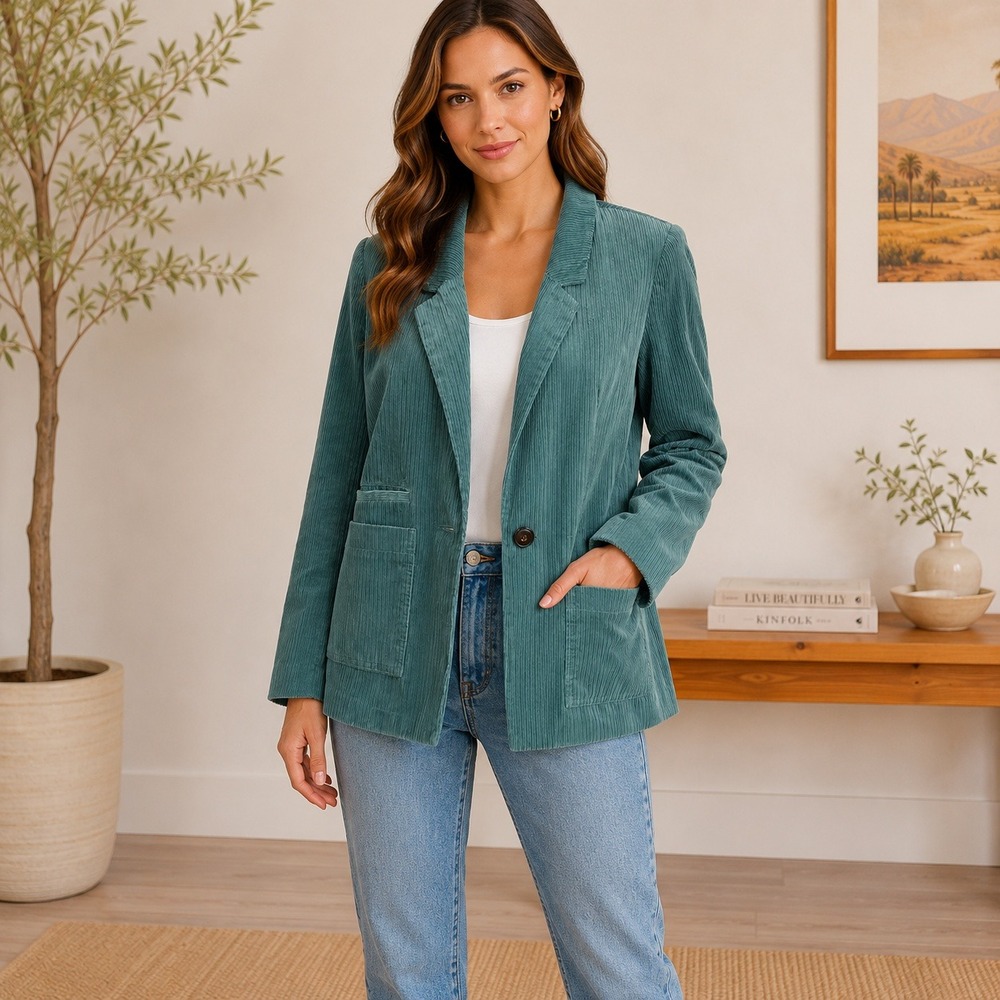 Madewell Corduroy Blazer Medium Teal Green Single Button Pocket Casual Preppy